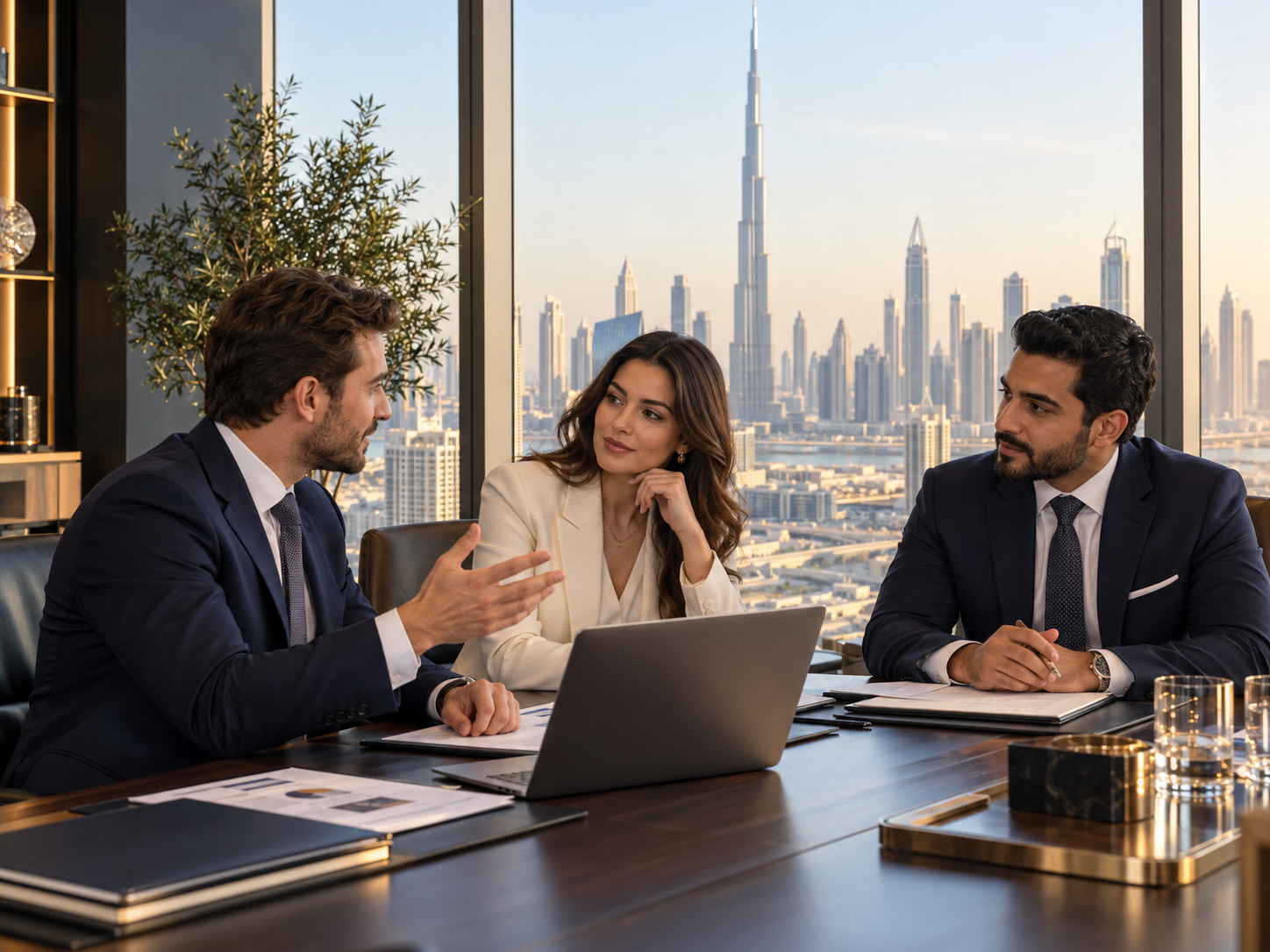 Illustrative visual of three professionals in a business discussion at a meeting table, with the Dubai skyline seen through the window