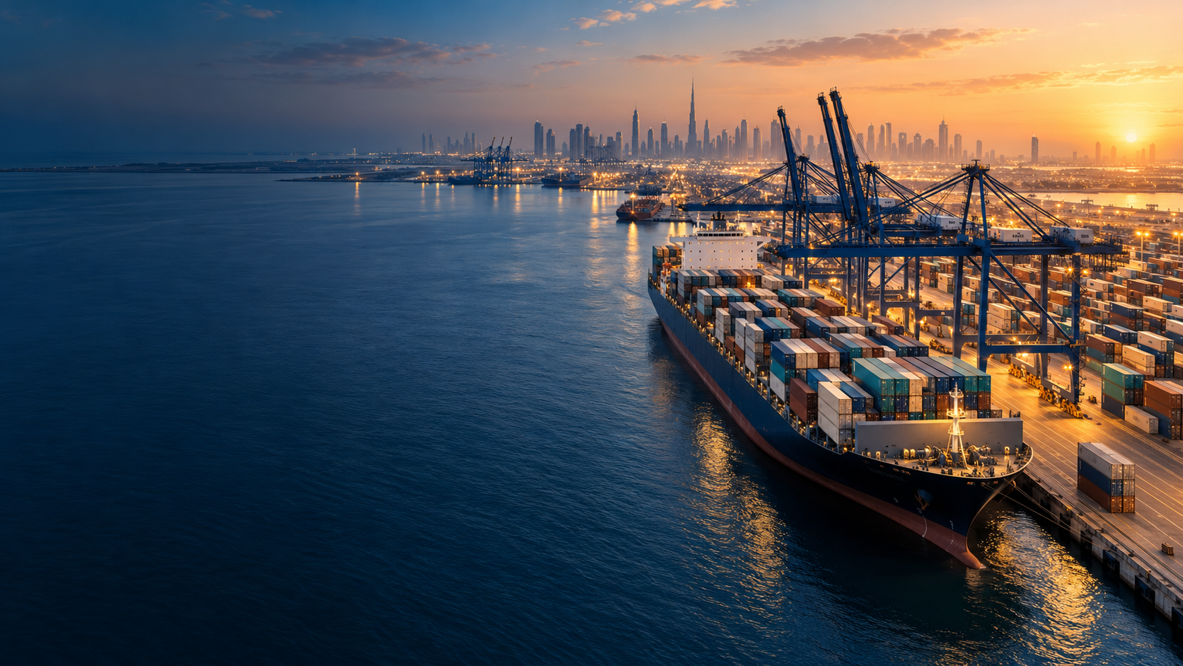Illustrative container port at sunrise